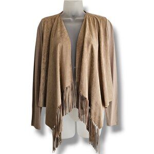 INC Fringe Faux Suede Open Front Cardigan Jacket Tan Size S Western Cowgirl